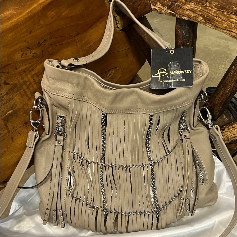 B. Makowsky Taupe Leather Fringe Shoulder Bag NWTS